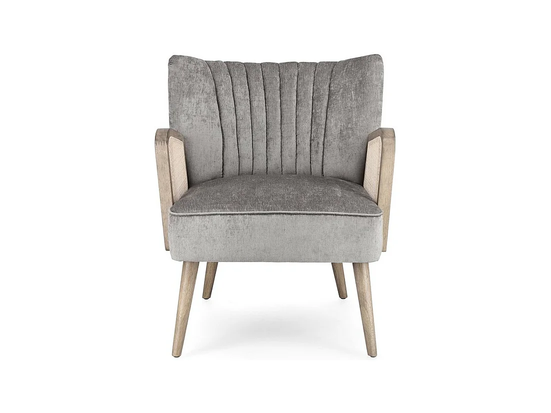 Stoffen fauteuil met grijs fluweeleffect, houten poten en armleuningen - VIRNA