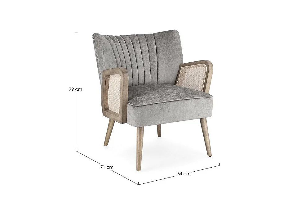 Stoffen fauteuil met grijs fluweeleffect, houten poten en armleuningen - VIRNA