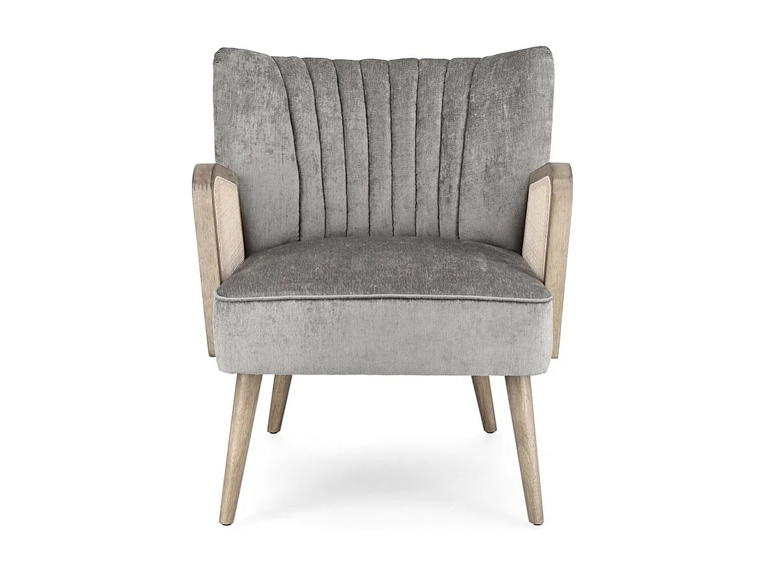 Poltrona in tessuto effetto velluto grigio, gambe e braccioli in legno - VIRNA