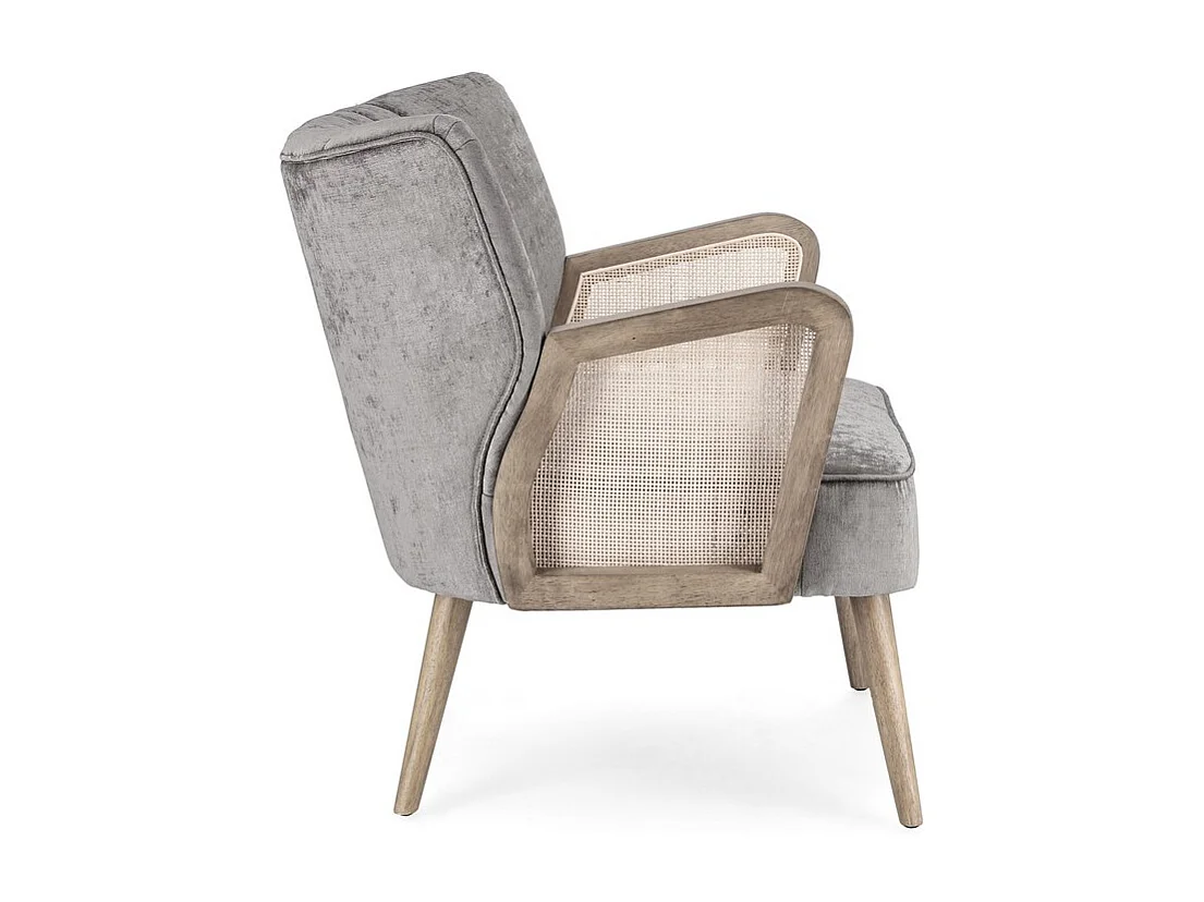 Poltrona in tessuto effetto velluto grigio, gambe e braccioli in legno - VIRNA