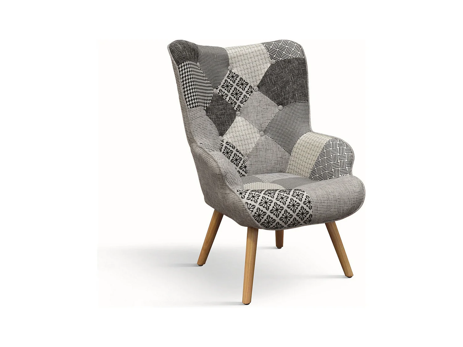 Fauteuil en tissu patchwork gris avec pieds en bois - HAVANA