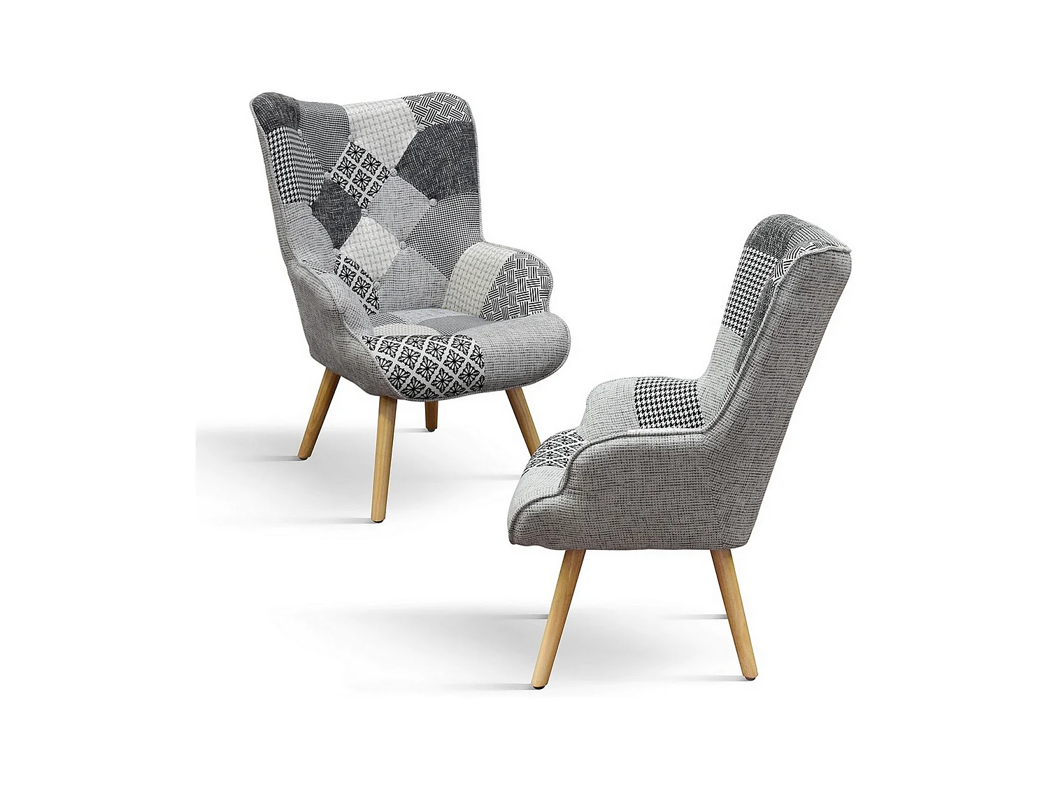Fauteuil en tissu patchwork gris avec pieds en bois - HAVANA
