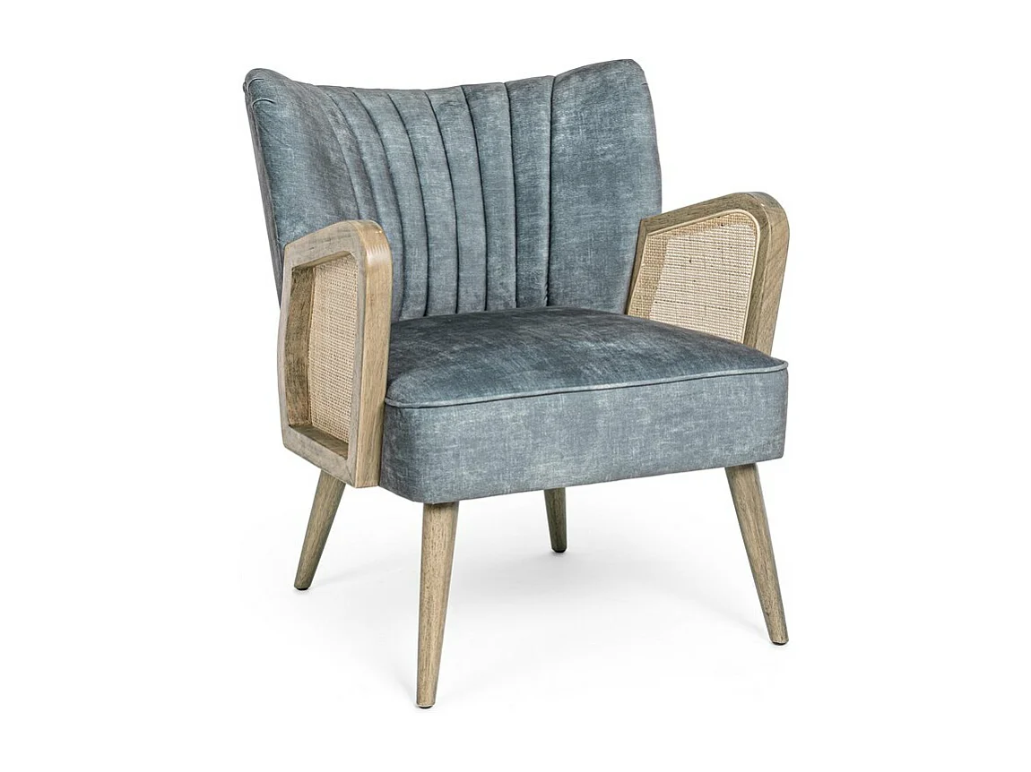 Poltrona in tessuto effetto velluto azzurro, gambe e braccioli legno - VIRNA