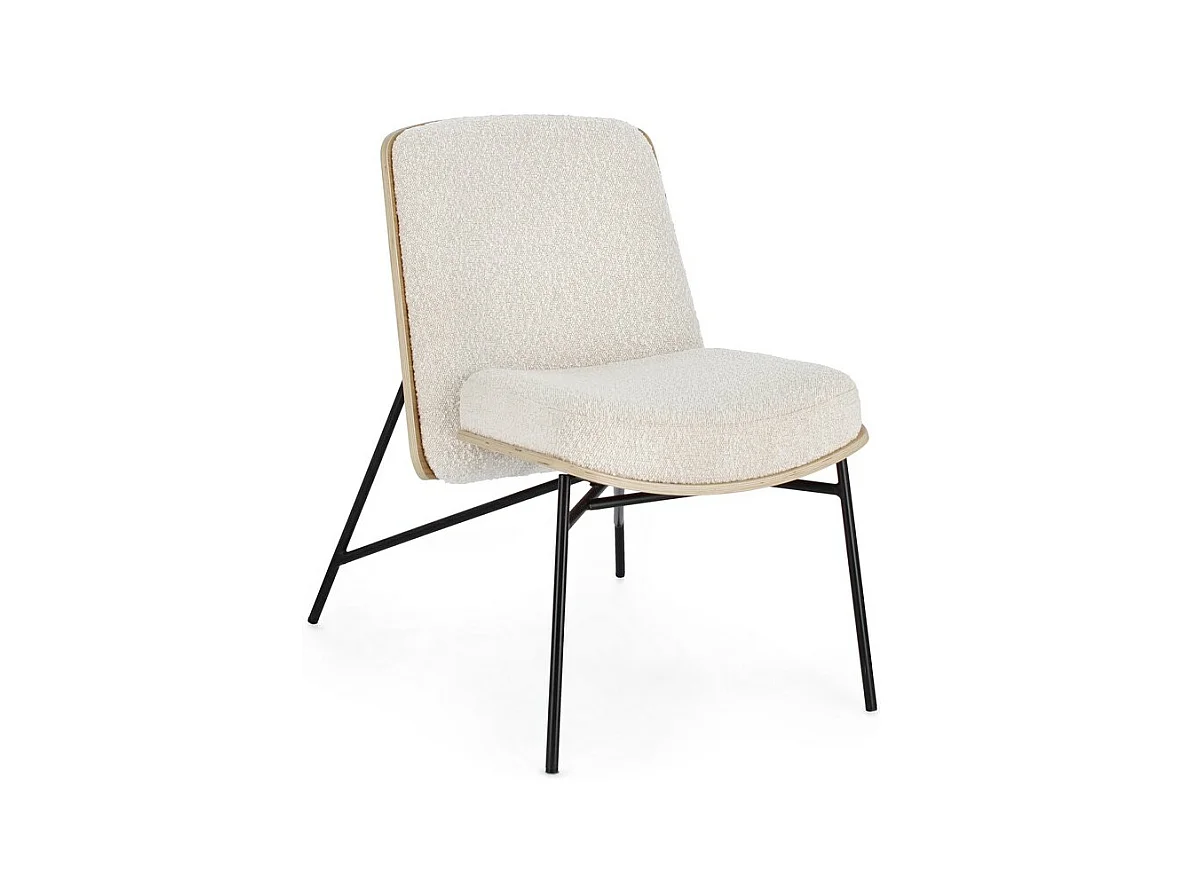 Fauteuil en tissu effet bouclé ivoire avec pieds en acier noir - EMERSON