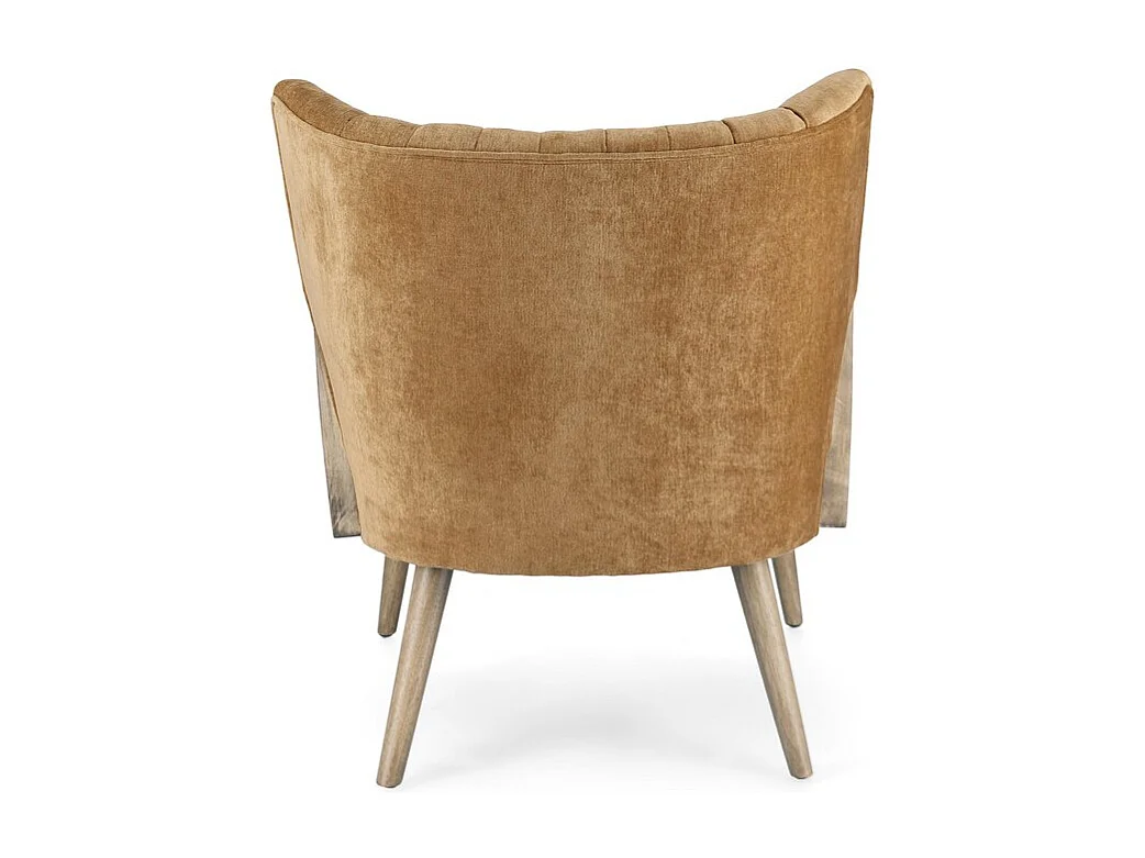 Fauteuil en tissu effet velours moutarde, pieds et accoudoirs en bois - VIRNA