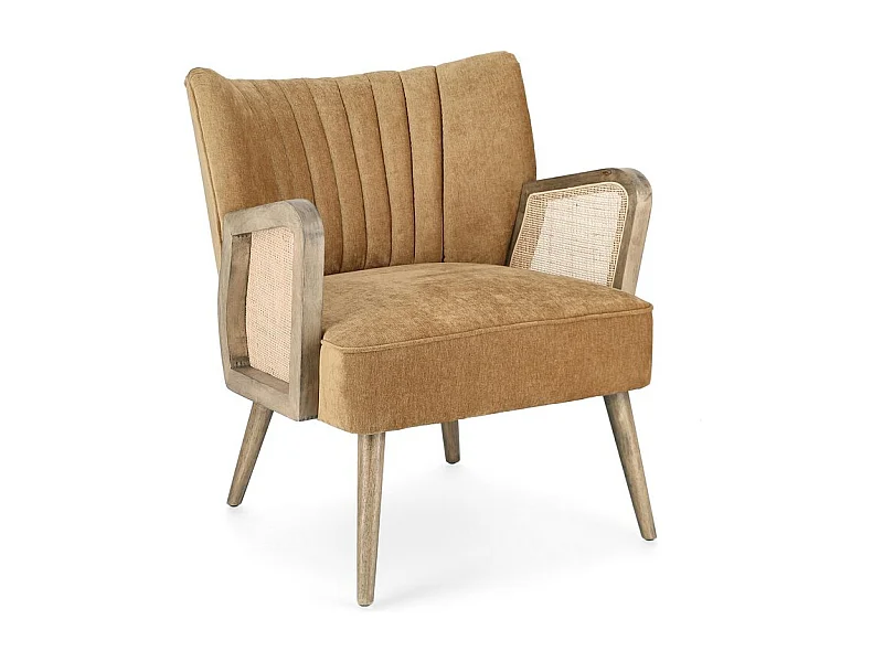 Fauteuil en tissu effet velours moutarde, pieds et accoudoirs en bois - VIRNA