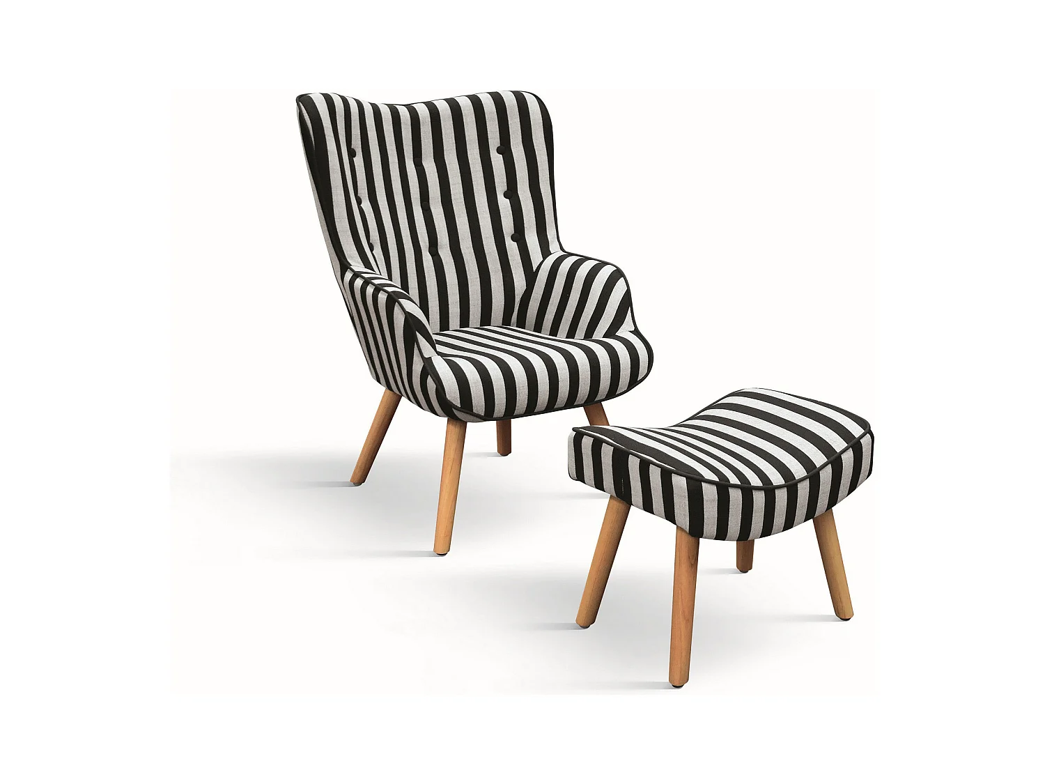 Fauteuil en tissu rayé noir et blanc, pieds en bois, avec repose-pieds - HAVANA
