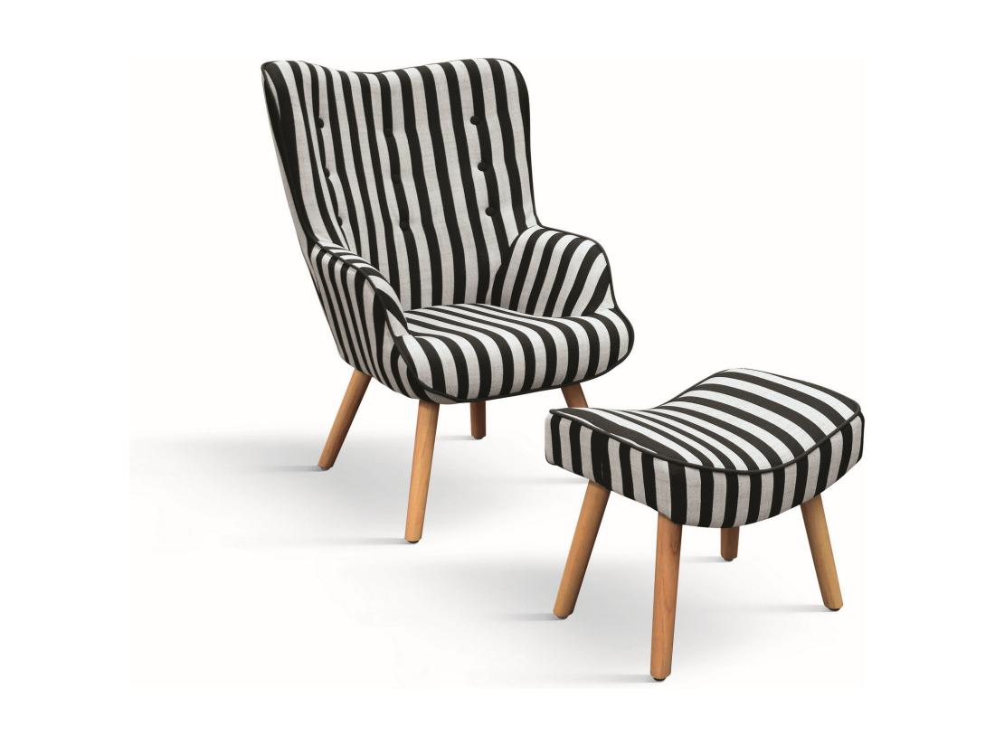 vente unique Fauteuil en tissu rayé noir et blanc pieds en bois avec repose-pieds - HAVANA