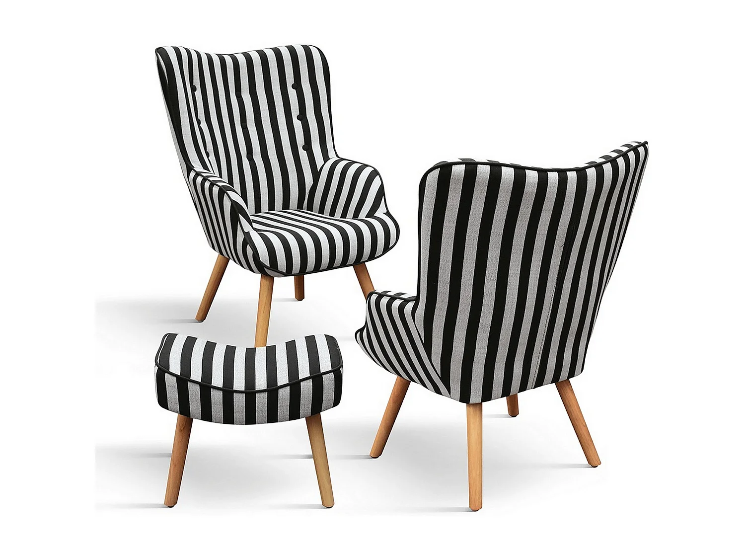 Cadeirão em tecido às riscas pretas e brancas, pernas de madeira, com apoio para os pés - HAVANA