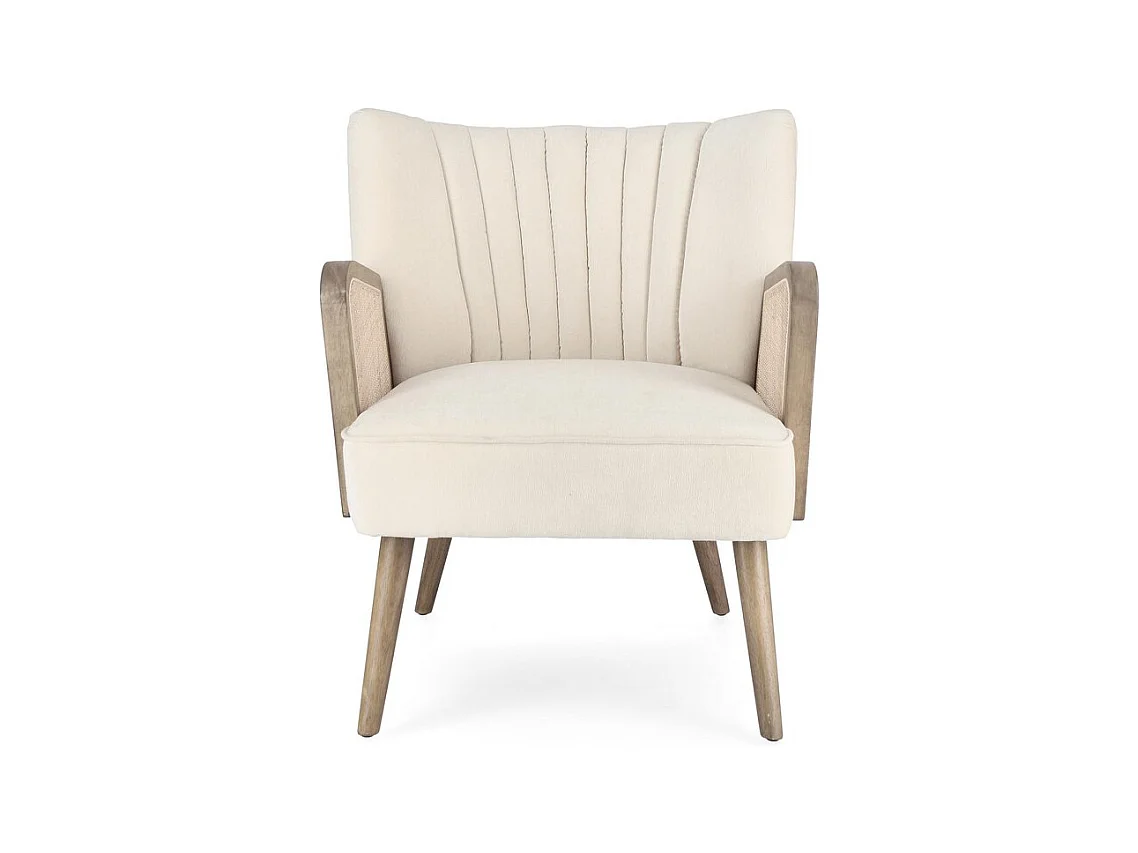 Fotel z tkaniny z efektem aksamitu w kolorze kości słoniowej, drewniane nogi i podłokietniki - VIRNA