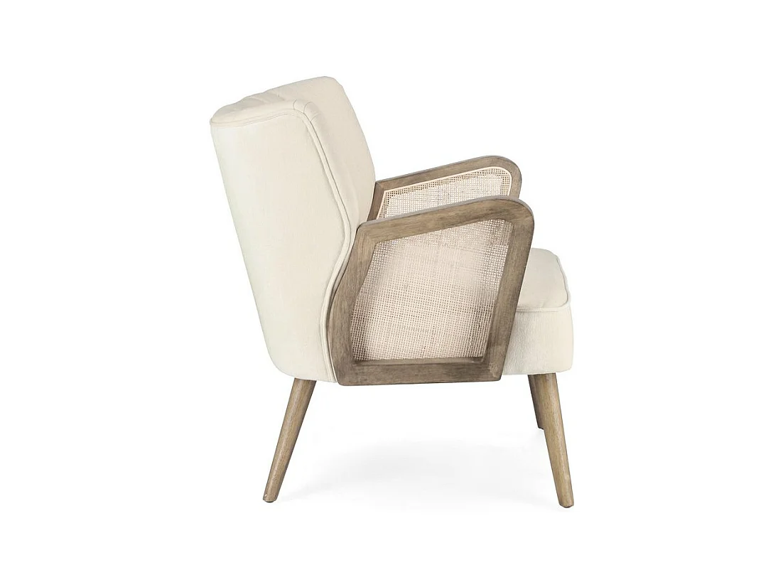 Fotel z tkaniny z efektem aksamitu w kolorze kości słoniowej, drewniane nogi i podłokietniki - VIRNA