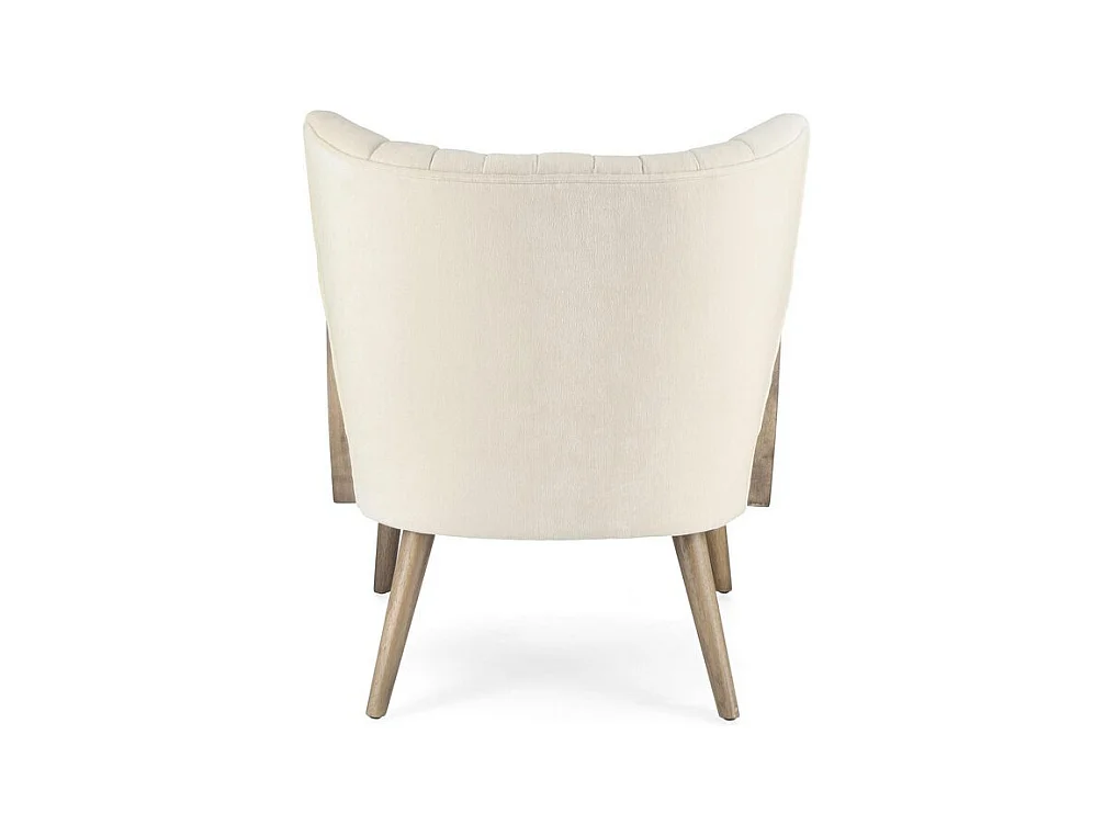 Fotel z tkaniny z efektem aksamitu w kolorze kości słoniowej, drewniane nogi i podłokietniki - VIRNA