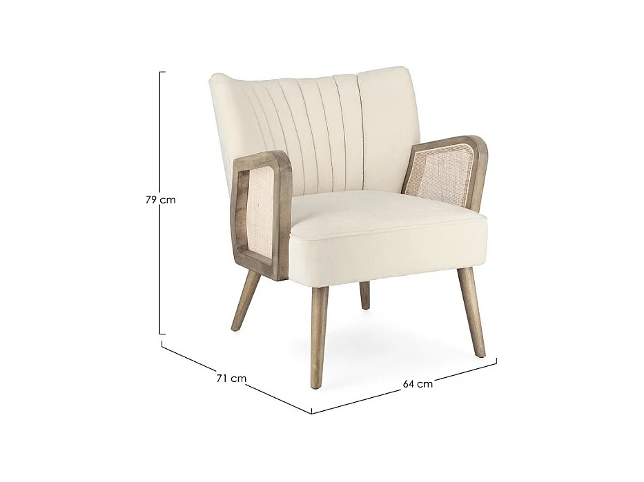 Fotel z tkaniny z efektem aksamitu w kolorze kości słoniowej, drewniane nogi i podłokietniki - VIRNA