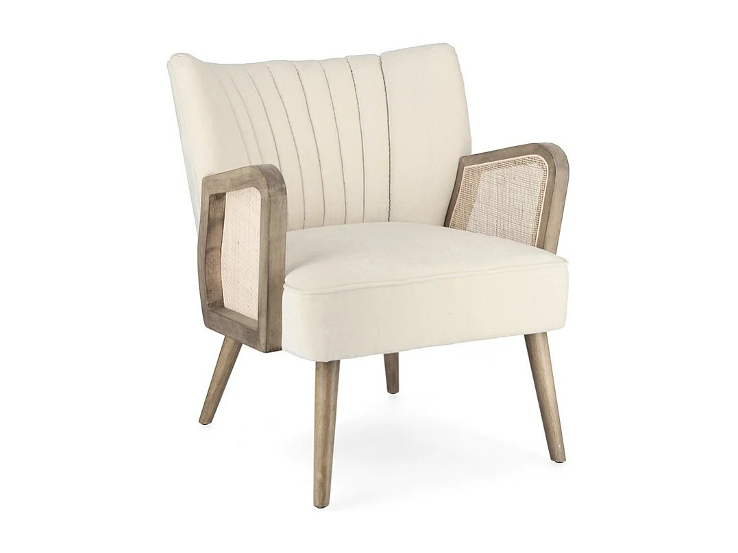 Fauteuil en tissu effet velours ivoire, pieds et accoudoirs en bois - VIRNA