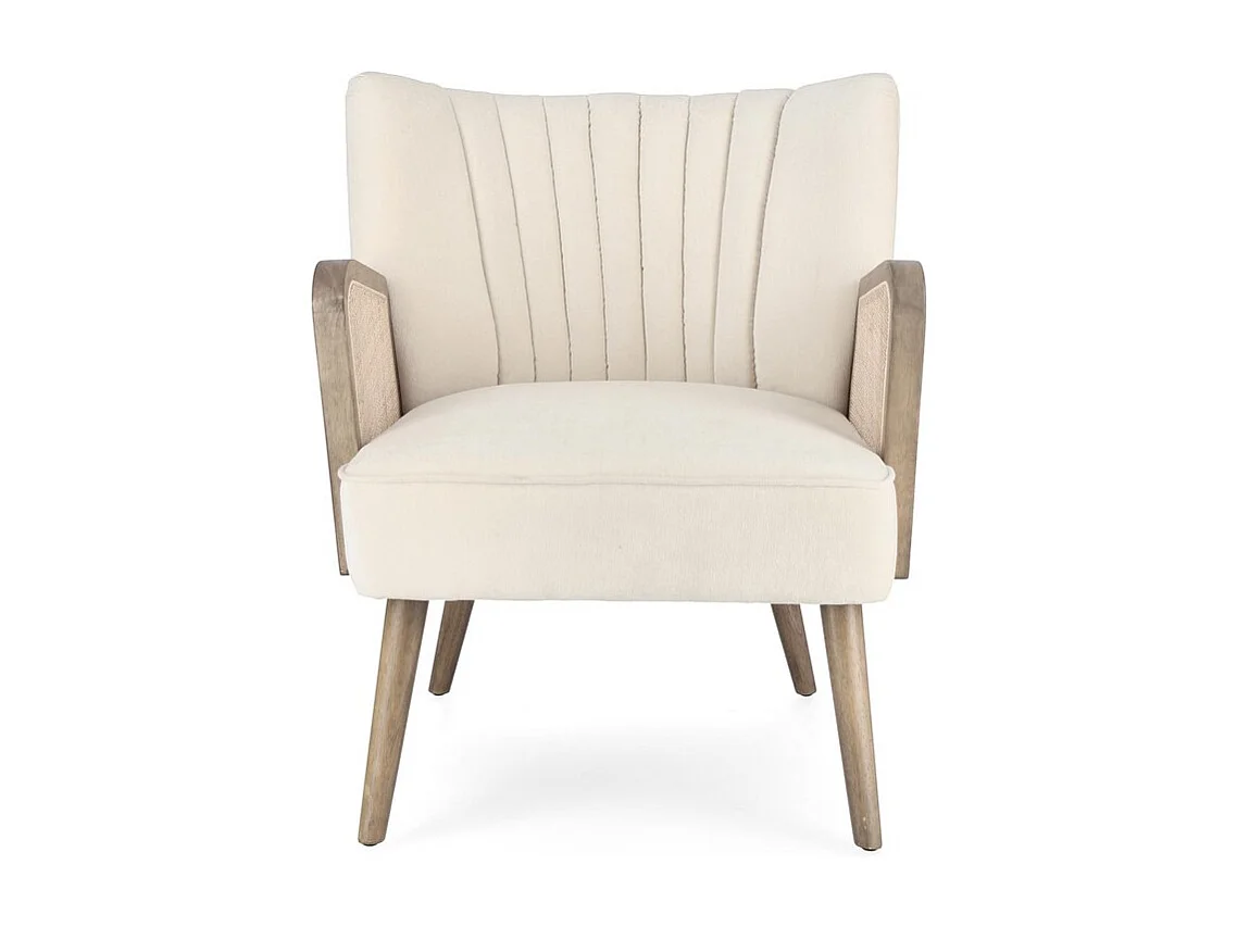 Fauteuil en tissu effet velours ivoire, pieds et accoudoirs en bois - VIRNA