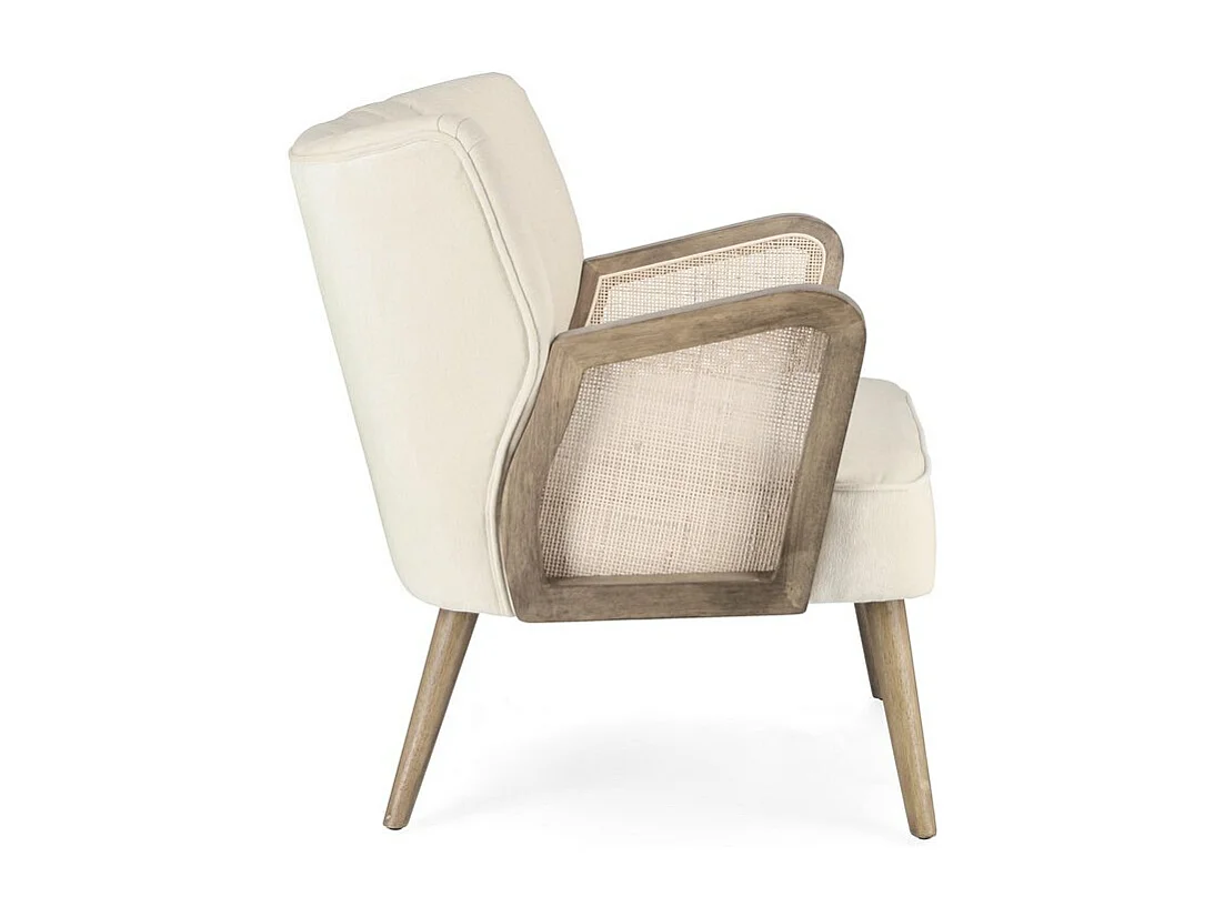 Fauteuil en tissu effet velours ivoire, pieds et accoudoirs en bois - VIRNA