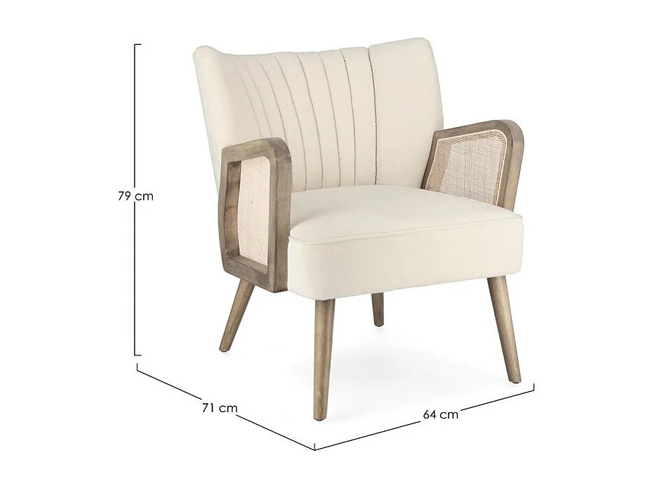 Fauteuil en tissu effet velours ivoire, pieds et accoudoirs en bois - VIRNA