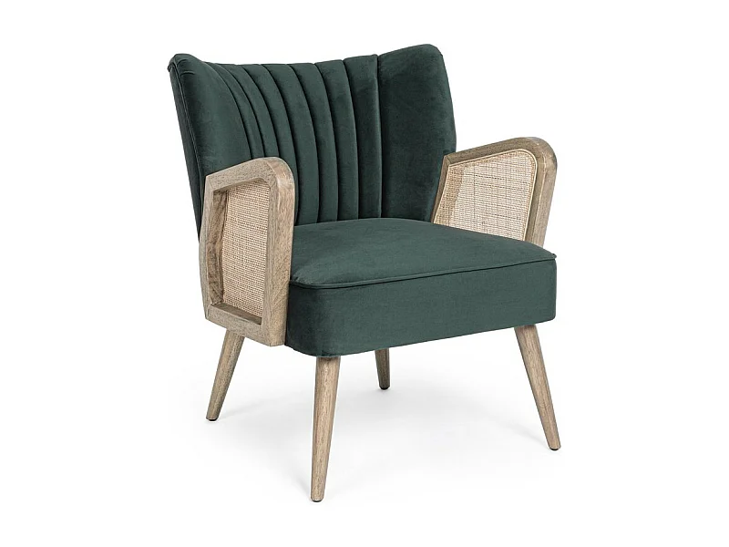 Fauteuil en tissu effet velours vert, pieds et accoudoirs en bois - VIRNA