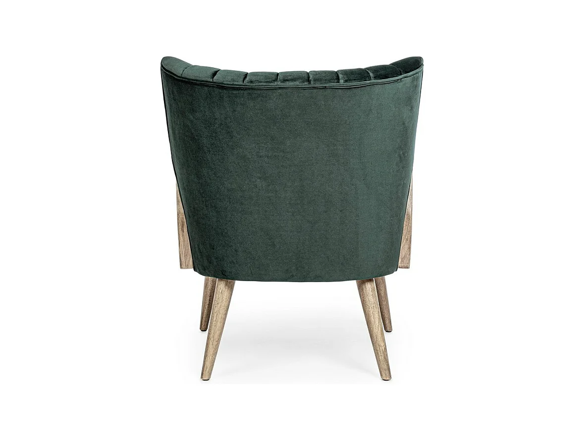 Fotel z tkaniny z efektem aksamitu w kolorze zielonym, drewniane nogi i podłokietniki - VIRNA