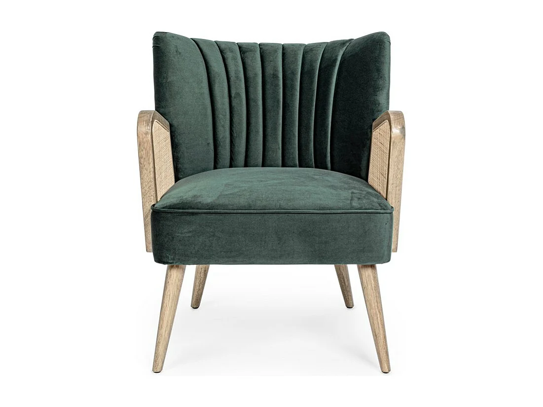Poltrona in tessuto effetto velluto verde, gambe e braccioli in legno - VIRNA