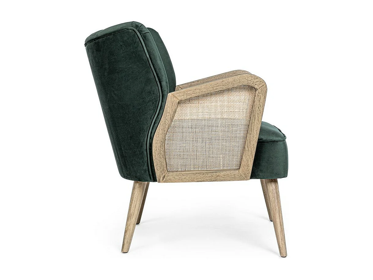 Poltrona in tessuto effetto velluto verde, gambe e braccioli in legno - VIRNA