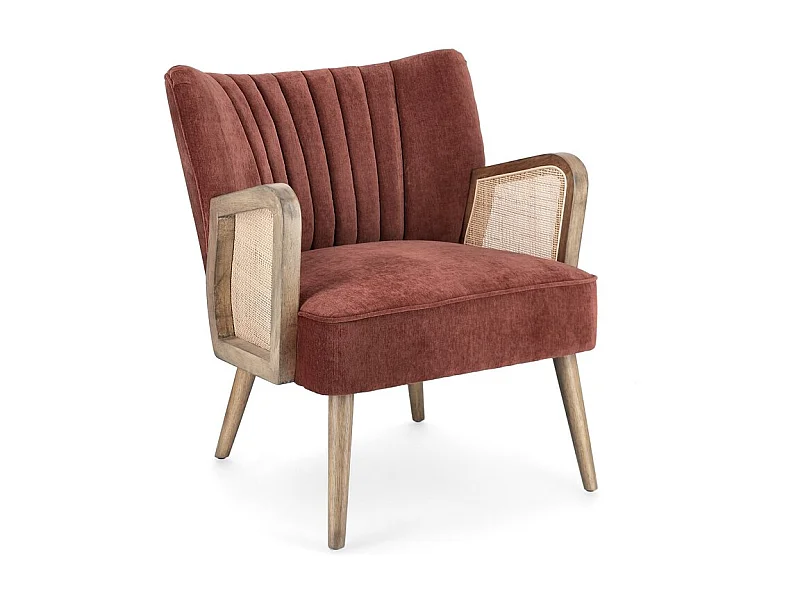 Fauteuil van stof met fluweeleffect, houten poten en armleuningen - VIRNA