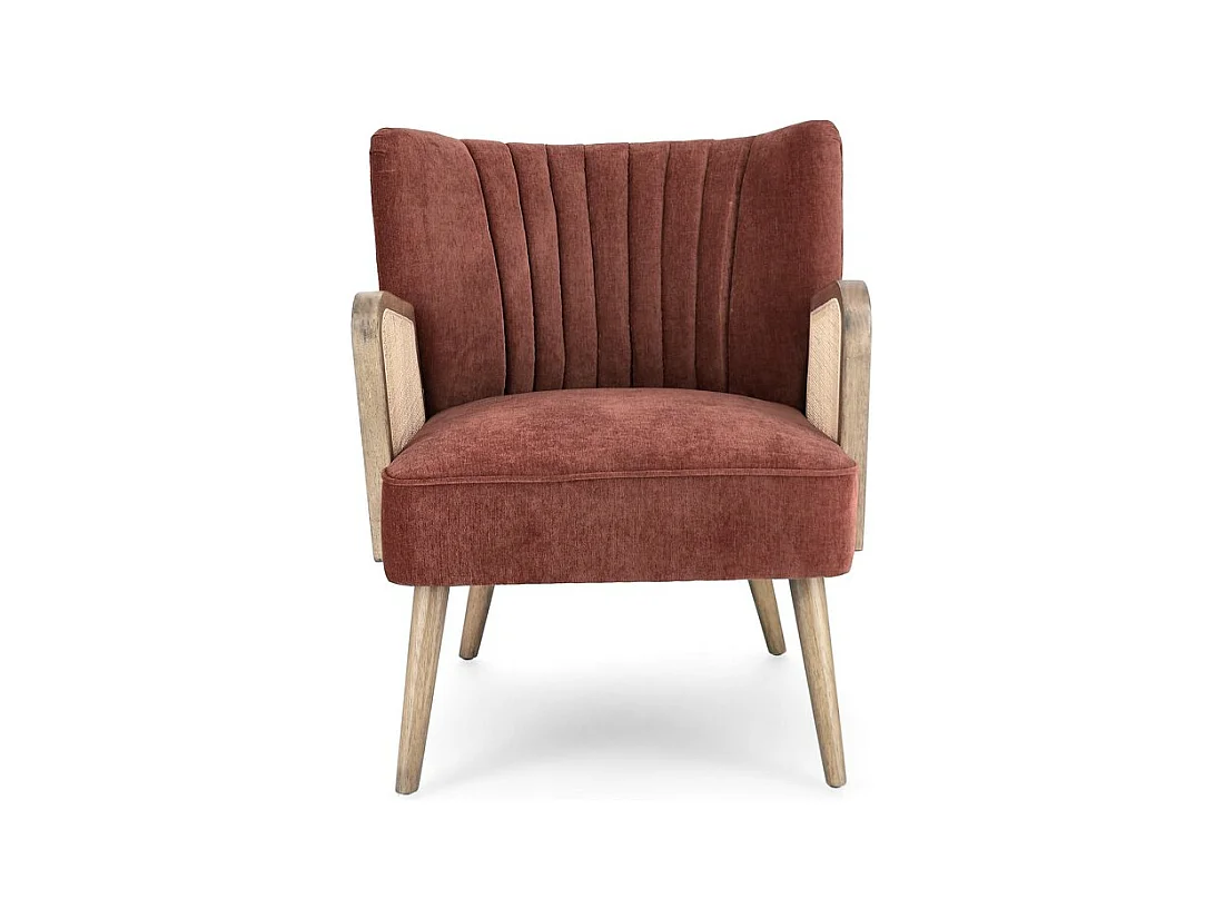 Fauteuil van stof met fluweeleffect, houten poten en armleuningen - VIRNA