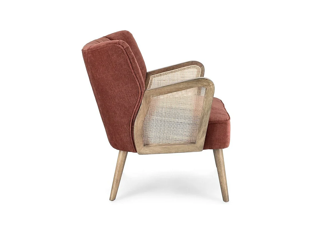 Fauteuil van stof met fluweeleffect, houten poten en armleuningen - VIRNA