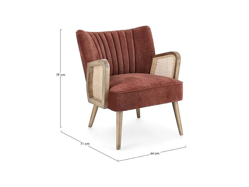 Fauteuil van stof met fluweeleffect, houten poten en armleuningen - VIRNA