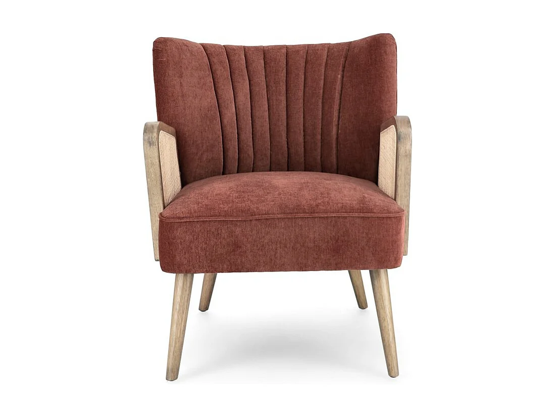 Fauteuil van stof met fluweeleffect, houten poten en armleuningen - VIRNA