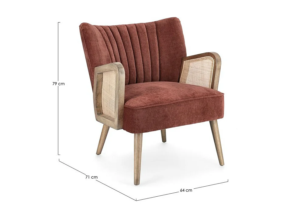 Fauteuil van stof met fluweeleffect, houten poten en armleuningen - VIRNA