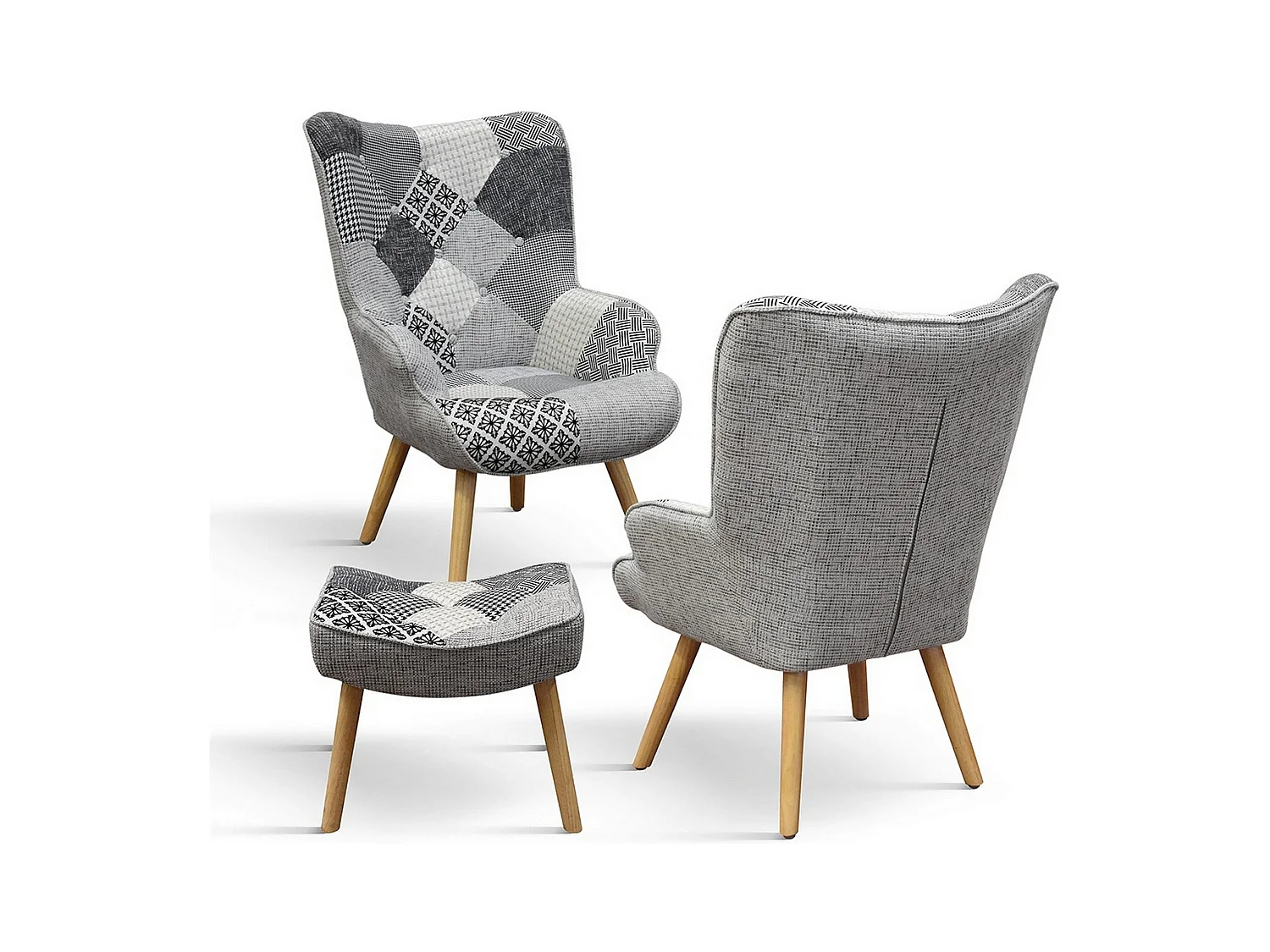 Sillón de tela patchwork gris y patas de madera, con reposapiés - HAVANA