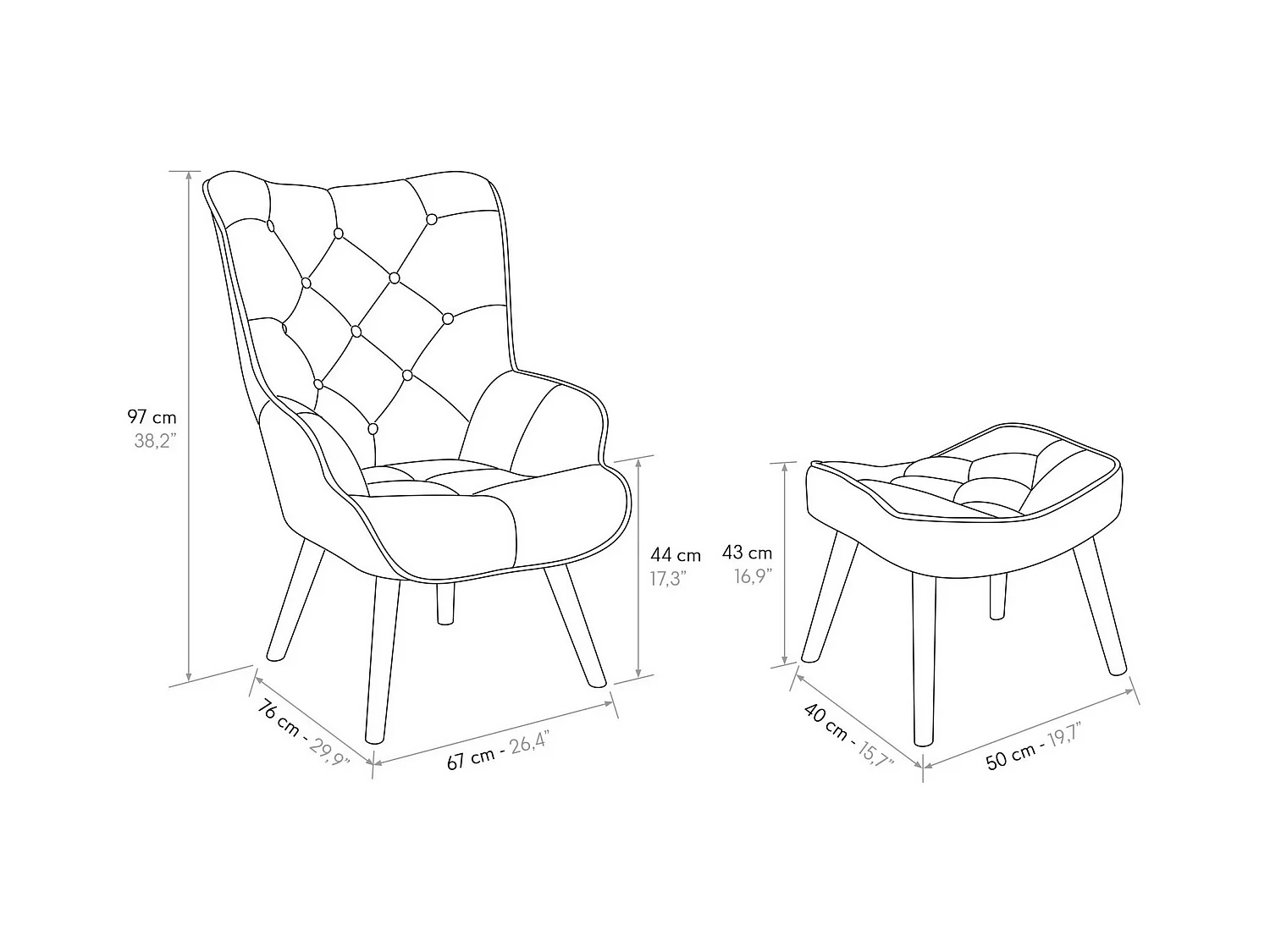 Sillón de tela patchwork gris y patas de madera, con reposapiés - HAVANA