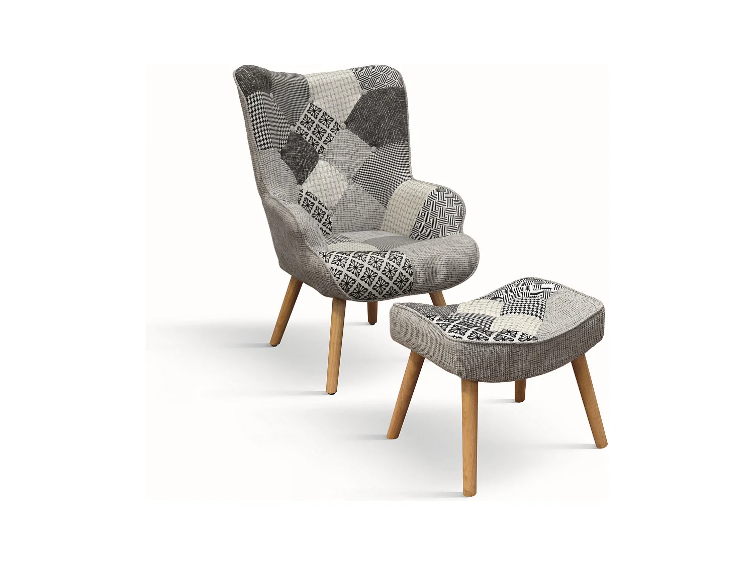 Fauteuil en tissu patchwork gris et pieds en bois, avec pouf - HAVANA