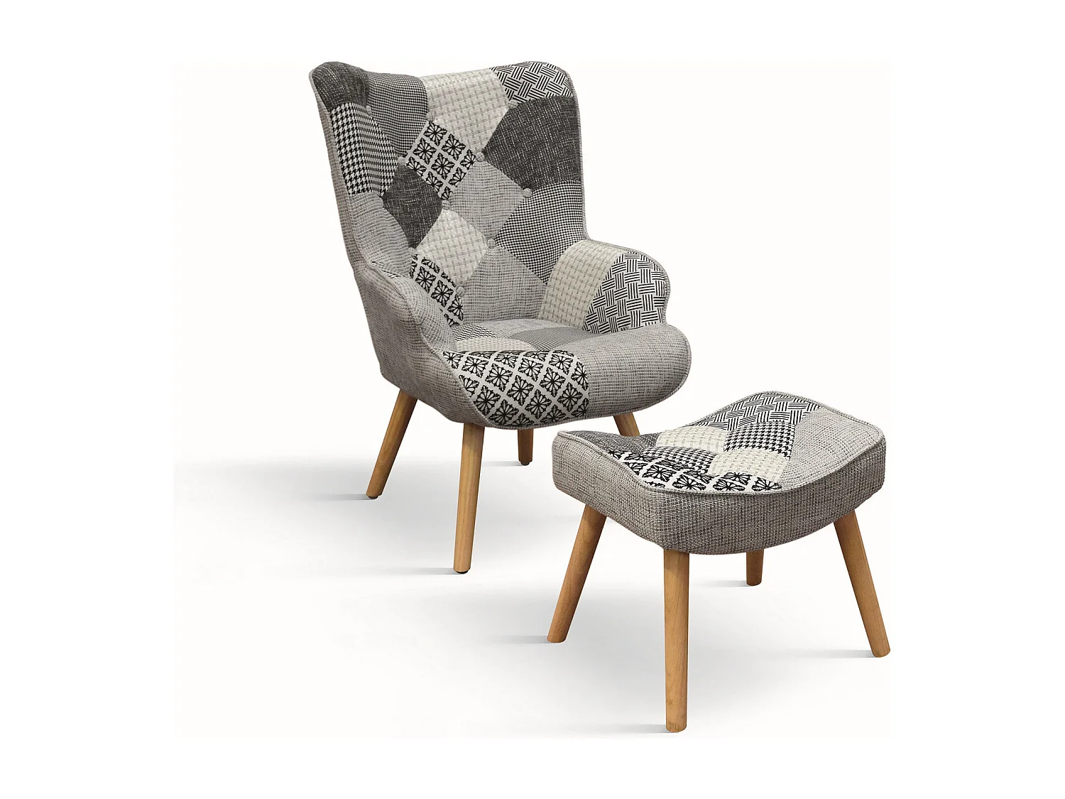 Fauteuil en tissu patchwork gris et pieds en bois, avec pouf - HAVANA