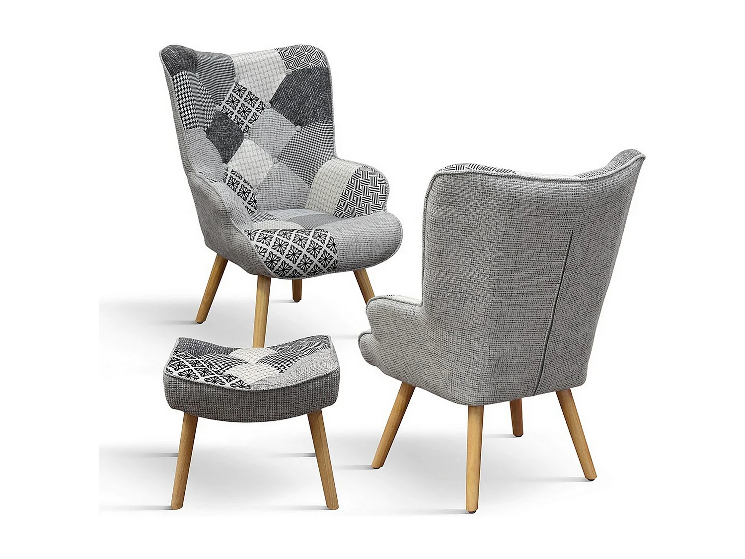 Fauteuil en tissu patchwork gris et pieds en bois, avec pouf - HAVANA