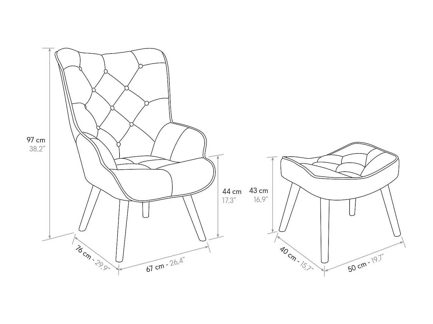 Fauteuil en tissu patchwork gris et pieds en bois, avec pouf - HAVANA