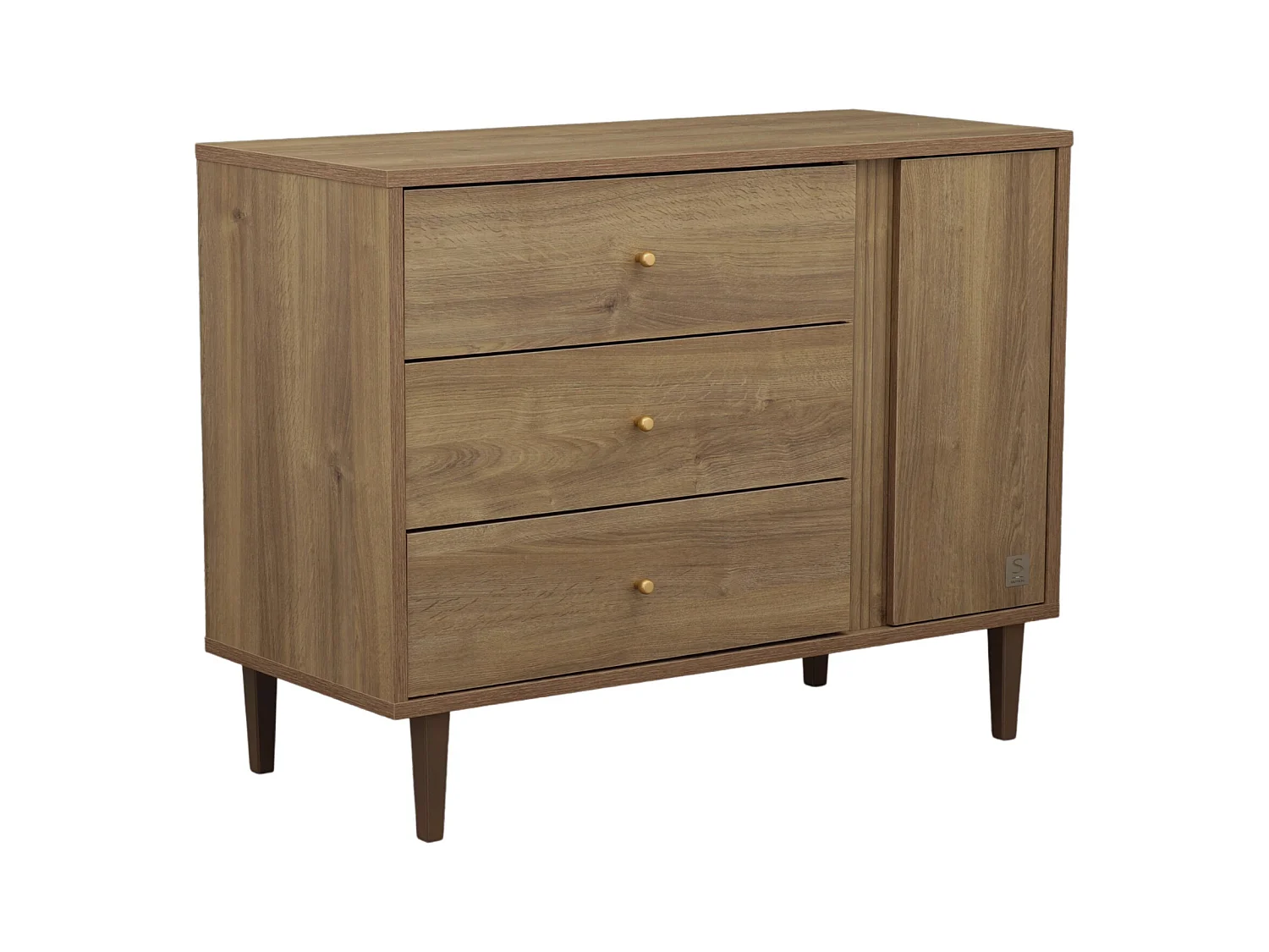 Cassettiera a 3 cassetti e 1 anta con dettaglio effetto legno testurizzato e gambe in legno