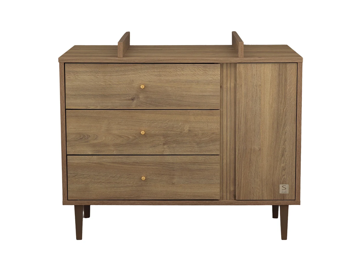 Cassettiera a 3 cassetti e 1 anta con dettaglio effetto legno testurizzato e gambe in legno