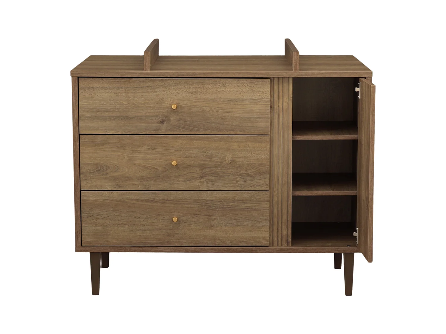 Cassettiera a 3 cassetti e 1 anta con dettaglio effetto legno testurizzato e gambe in legno