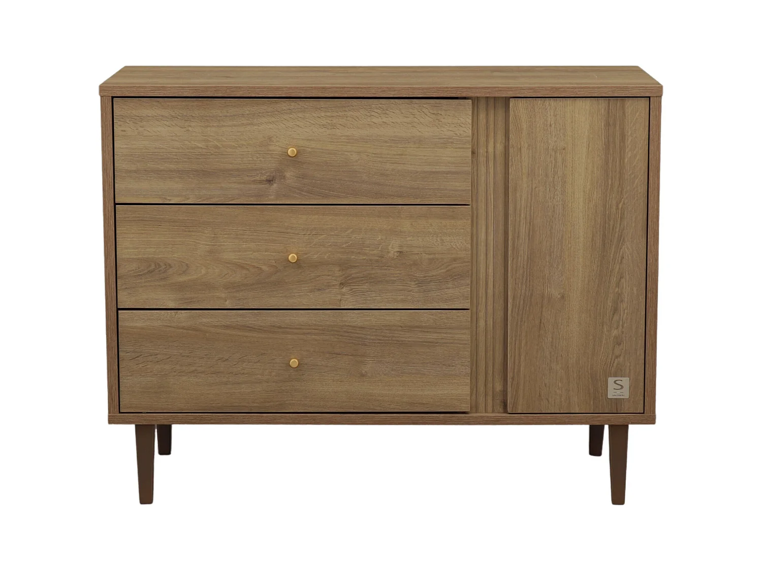 Cassettiera a 3 cassetti e 1 anta con dettaglio effetto legno testurizzato e gambe in legno