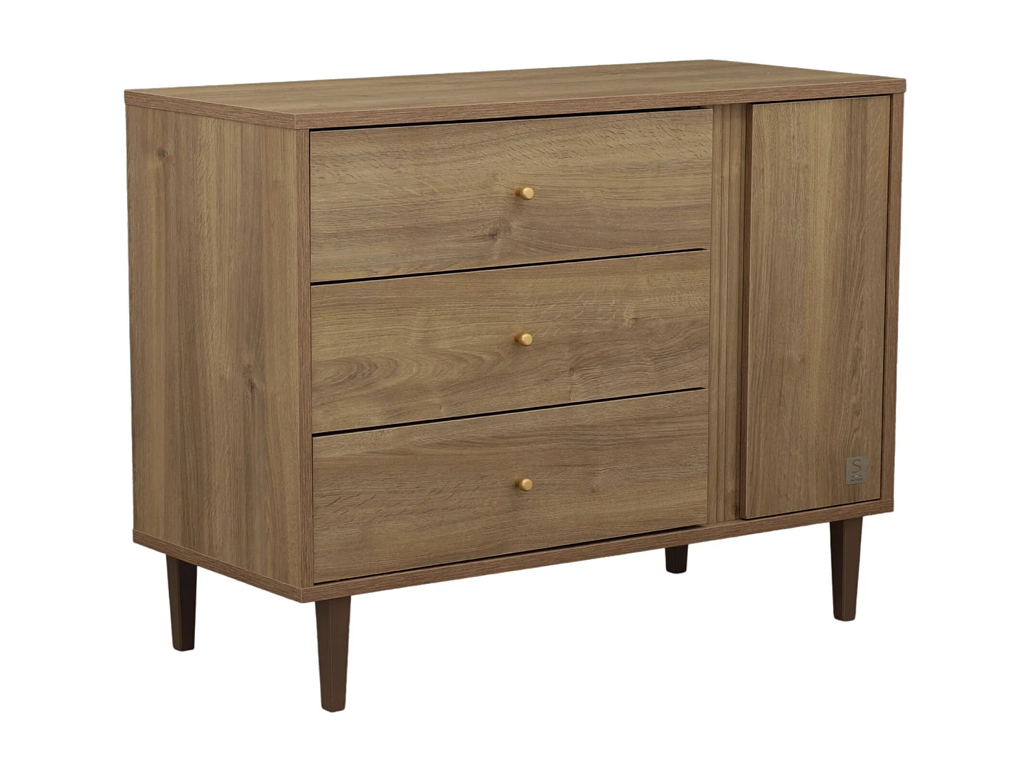 Commode 3 tiroirs et 1 porte avec détail imitation bois texturé et pieds bois MOKKA - Sauthon