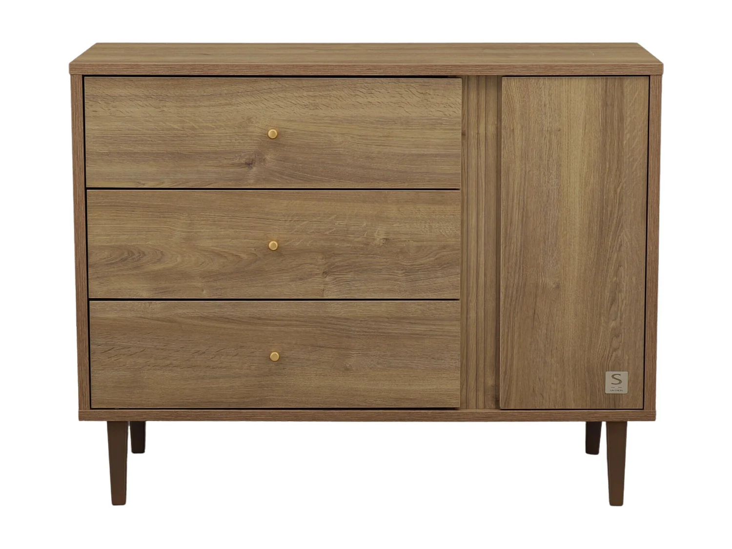 Commode 3 tiroirs et 1 porte avec détail imitation bois texturé et pieds bois MOKKA - Sauthon