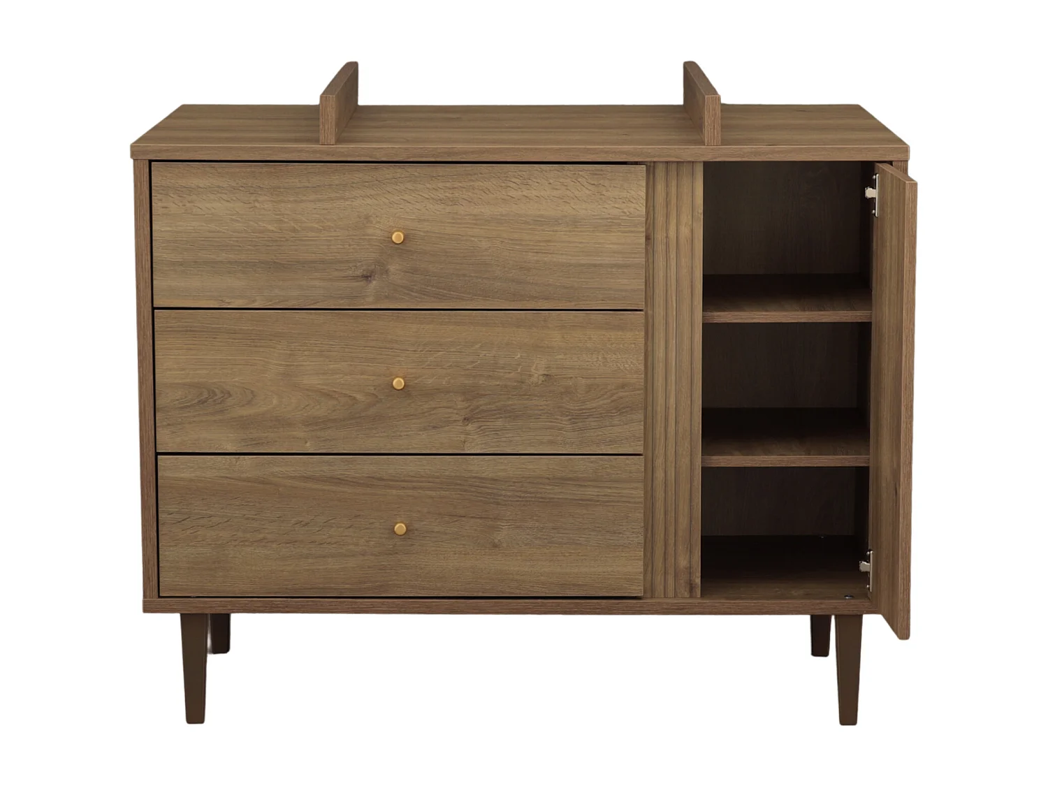 Cassettiera a 3 cassetti e 1 anta con dettaglio effetto legno testurizzato e gambe in legno