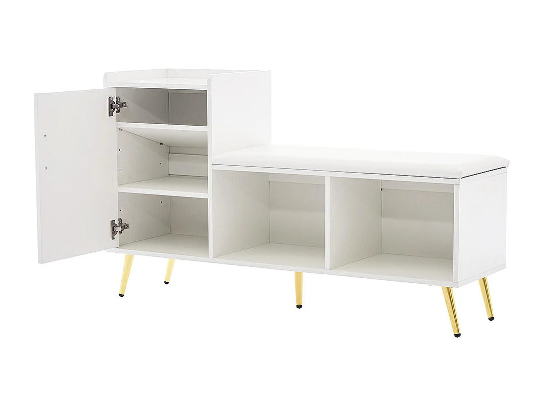 Meuble à chaussures brillante étagère à plusieurs niveaux avec siège rembourré banc avec armoire accessoires dorés blanc