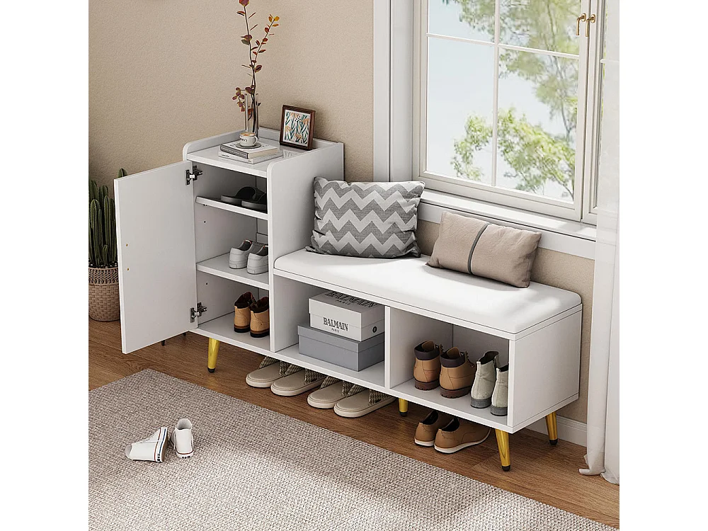 Meuble à chaussures brillante étagère à plusieurs niveaux avec siège rembourré banc avec armoire accessoires dorés blanc