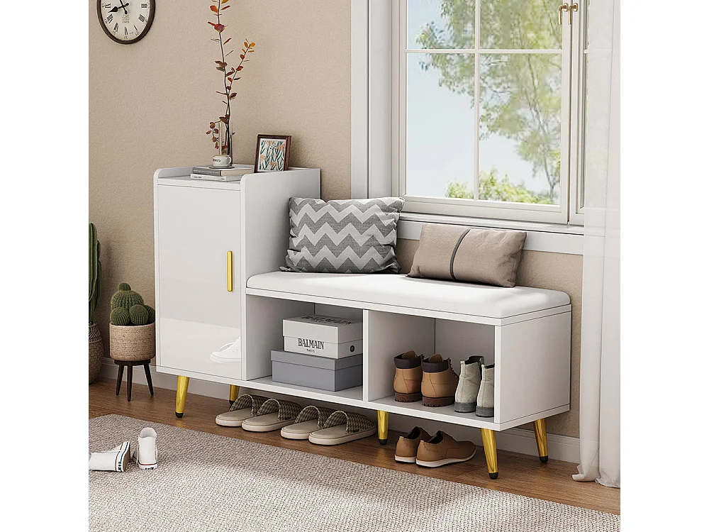 Meuble à chaussures brillante étagère à plusieurs niveaux avec siège rembourré banc avec armoire accessoires dorés blanc