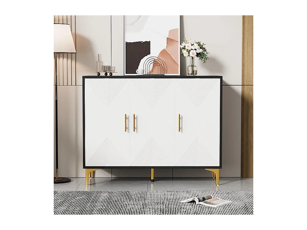 Buffet bohemian avec 3 portes blanches à rayures mates poignées et pieds dorés buffet noir