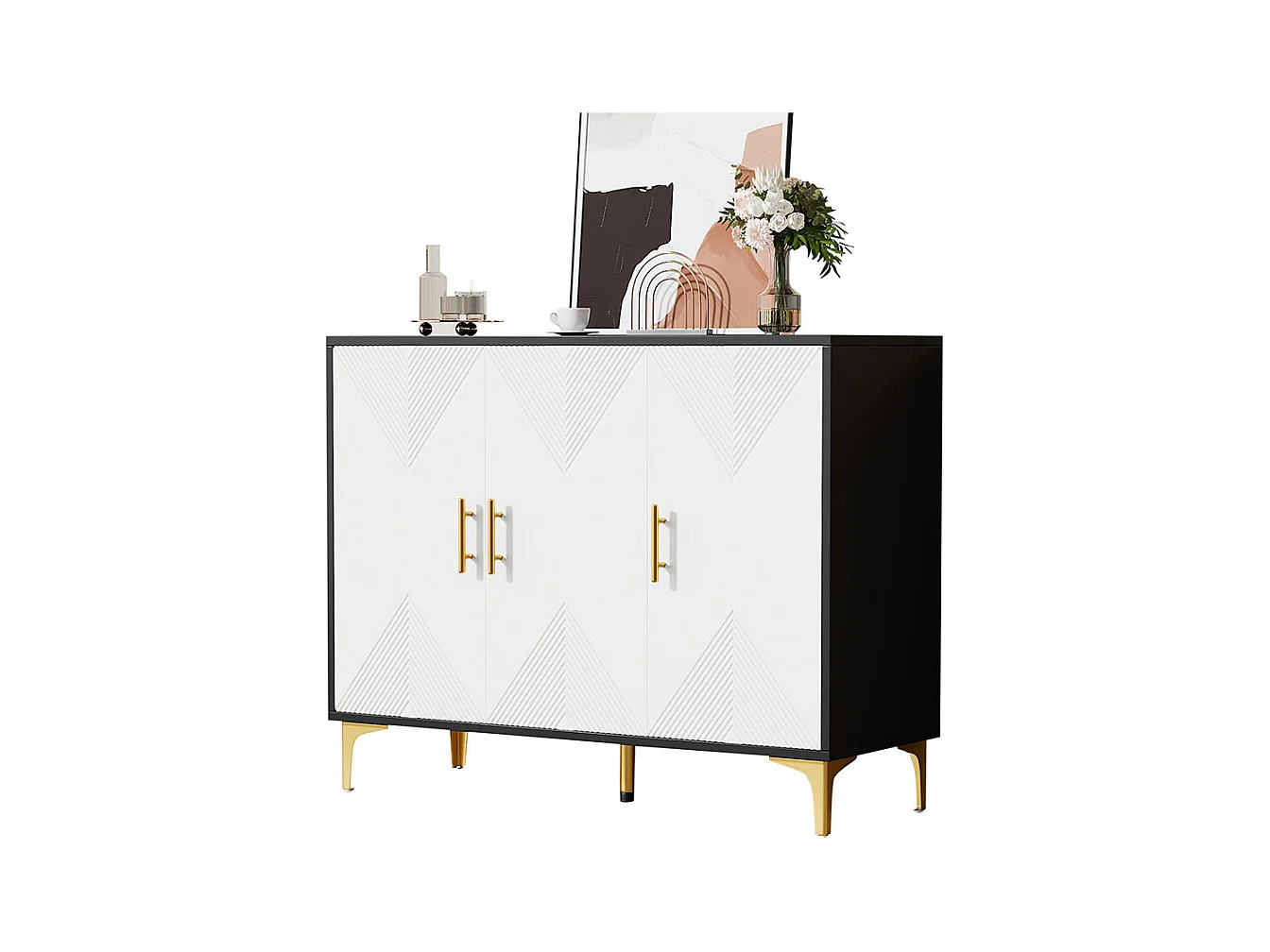 Buffet bohemian avec 3 portes blanches à rayures mates poignées et pieds dorés buffet noir