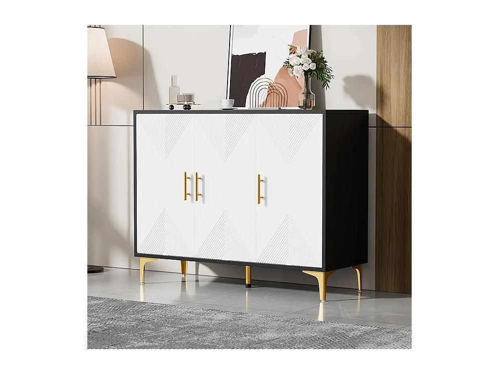 Buffet bohemian avec 3 portes blanches à rayures mates poignées et pieds dorés buffet noir